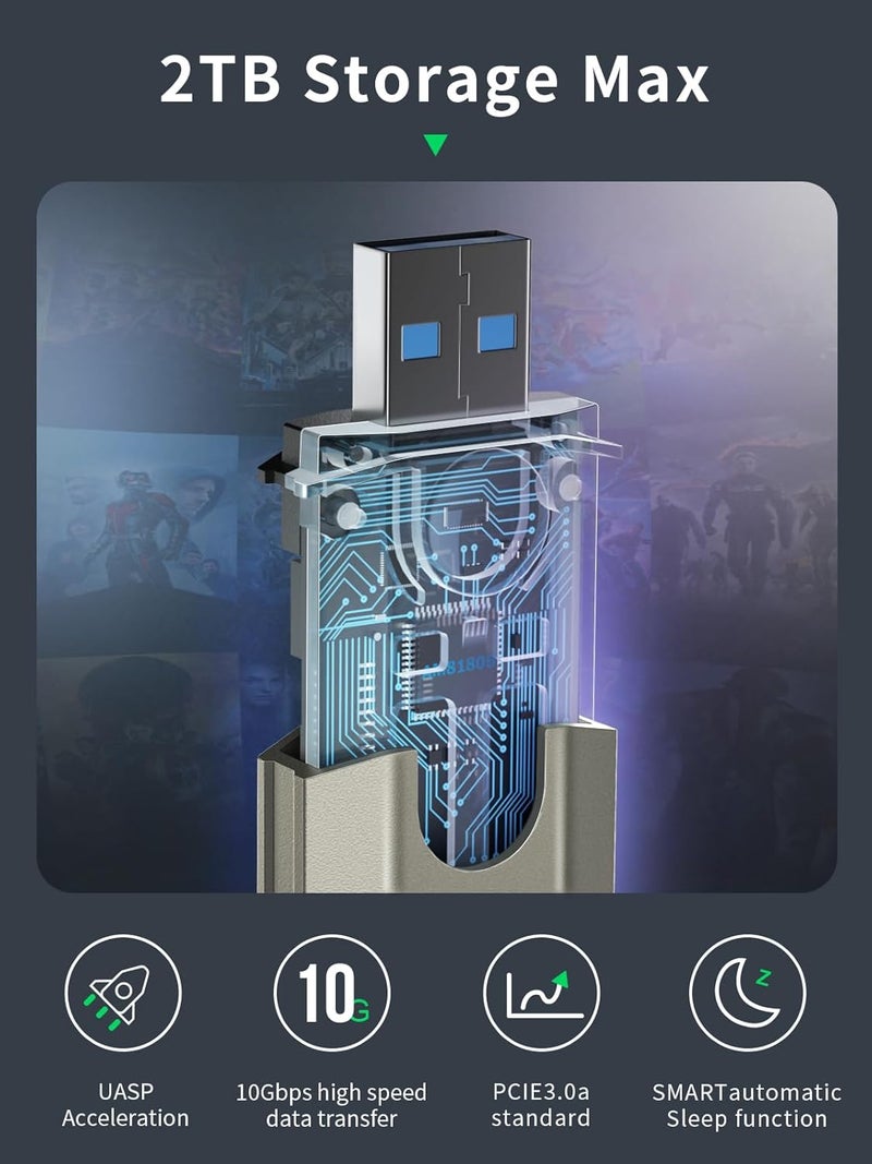 Lemorele Aluminum M.2 NVMe SSD Enclosure Adapter Tool-Free, 10Gbps USB C 3.2 Gen2 M.2 NVMe External Hard Drive Case Adapter for M-Key SSD 2230/2242/2260/2280,(SATA NOT Supported) - Image 5